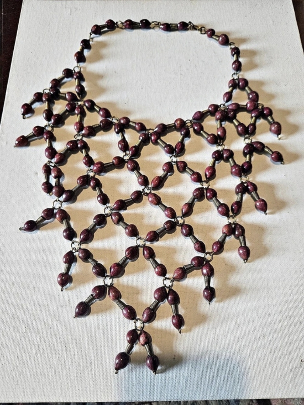 Vintage Bohemian Lattice Bib Necklace", "Red Seed/Wood Bead Statement Collar"
